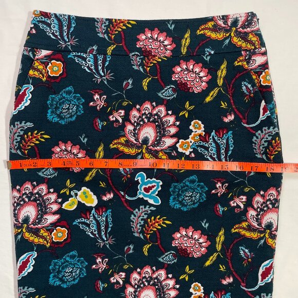 LOFT Blue Teal Floral Pencil Skirt Size 6 Cotton Stretch Lined Side Zip - Picture 8 of 12